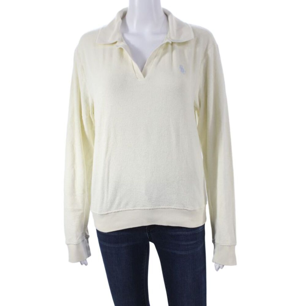 Sporty & Rich Womens Basic Collared Polo Ivory 100% Cotton Long Sleeve Size M